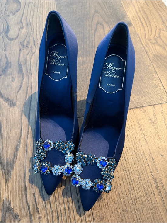 None Shoes - RV Navy Satin Pointed Toe Pumps with Crystal Buckle